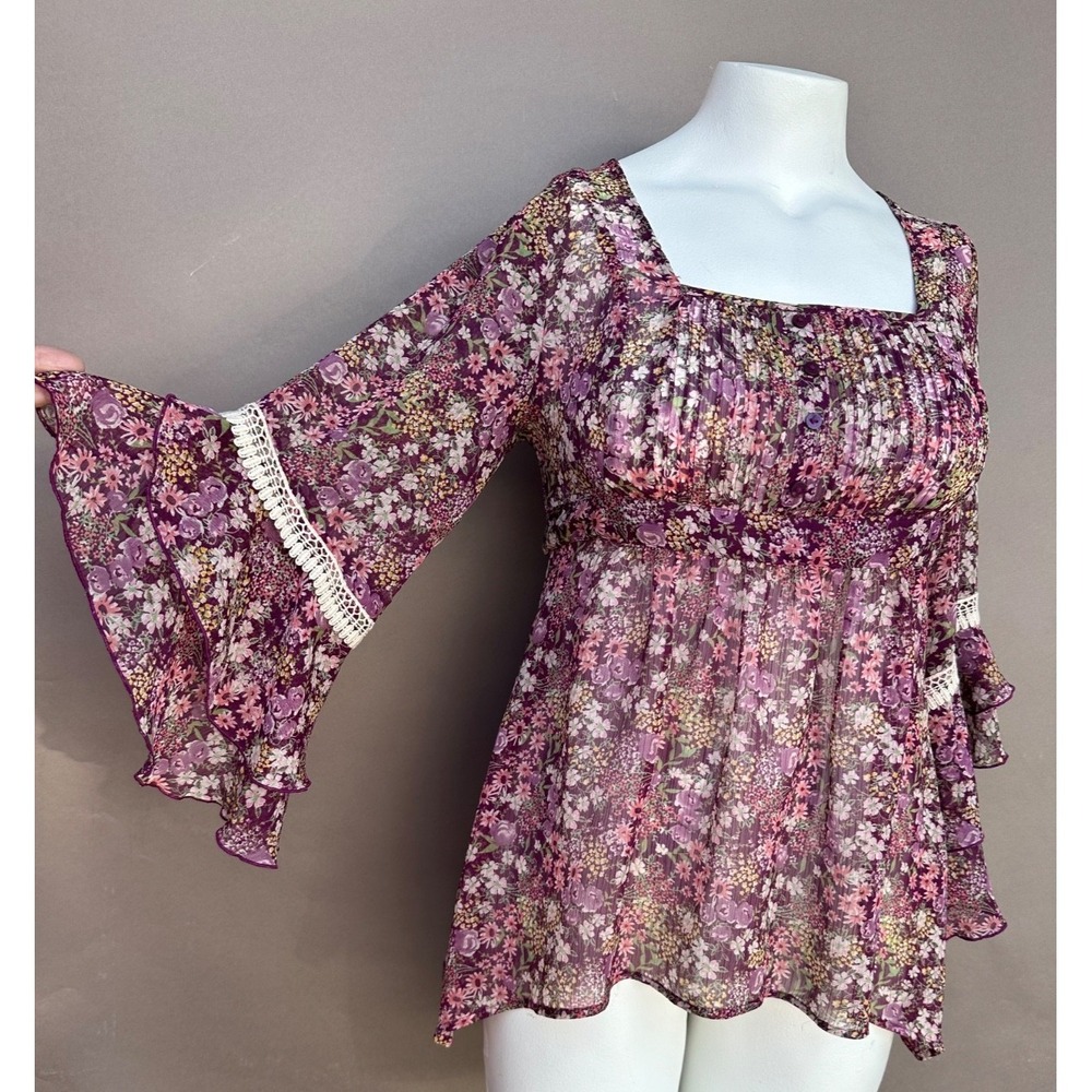 Decree Top Large  Multi Floral Boho Smocked Bell Sleeve Square Neck Whimsygoth